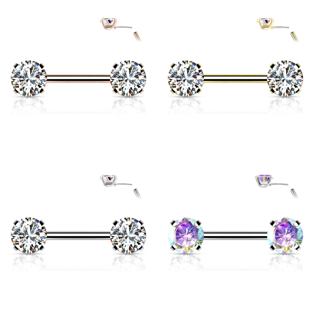 14 Gauge Prong Set Crystal Barbell Nipple Ring