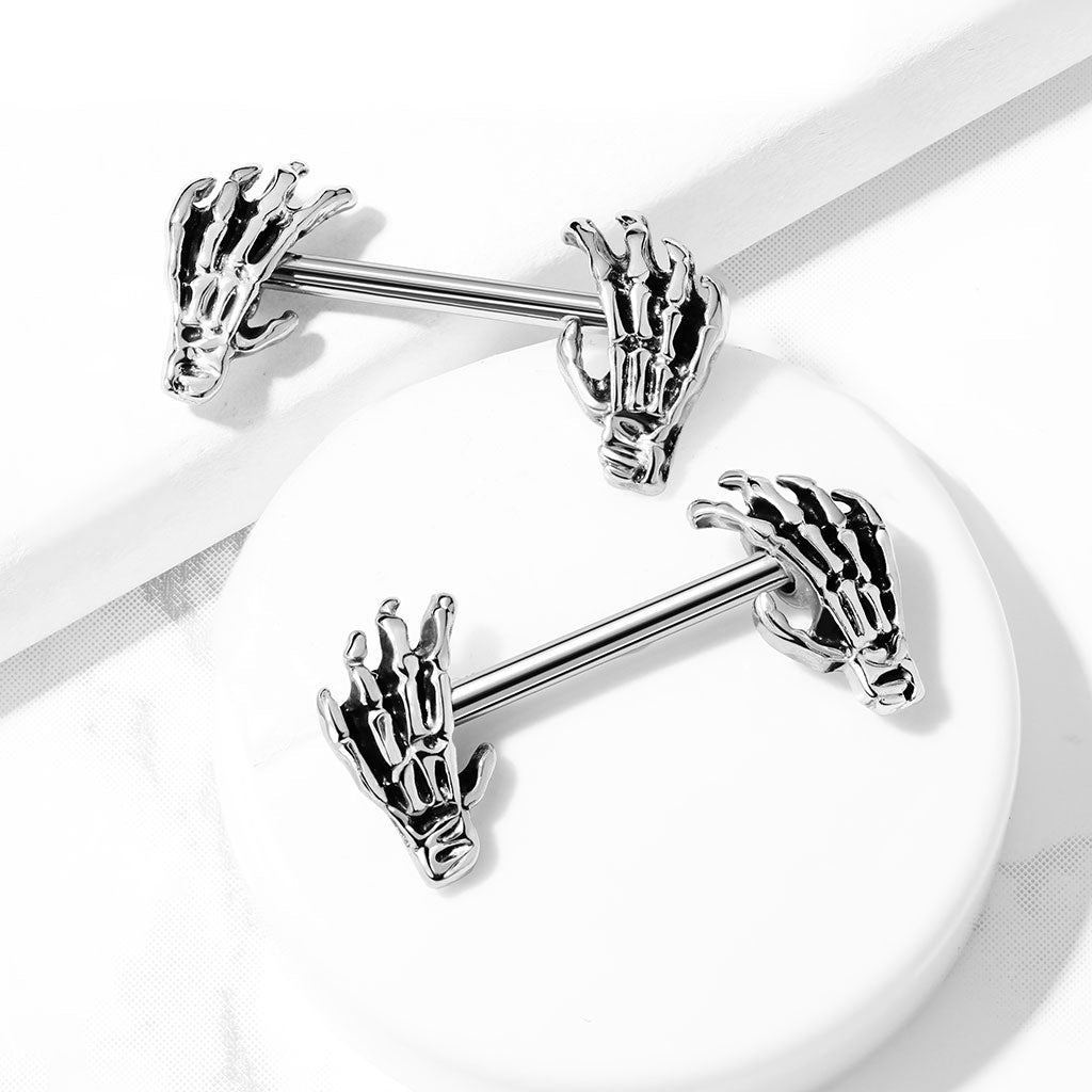 14 Gauge Silver Skeletal Hands Nipple Rings