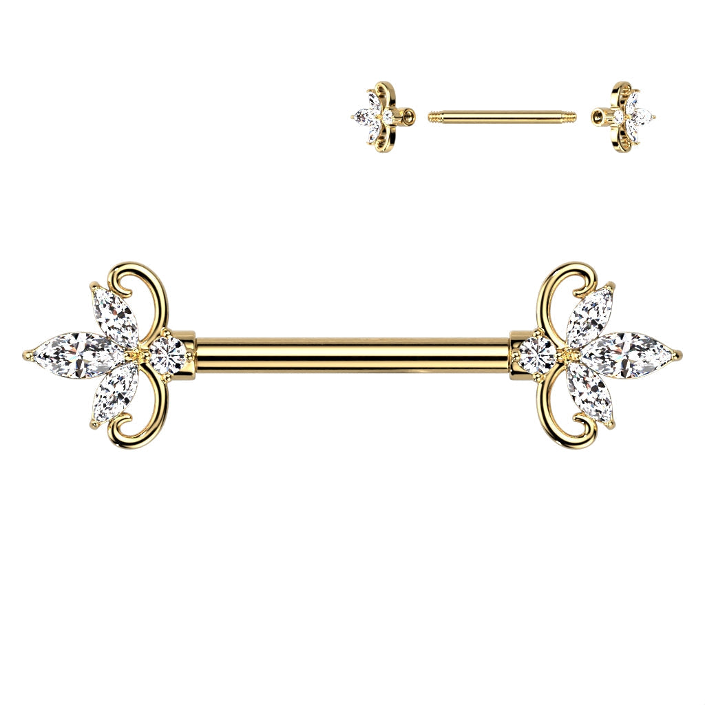 14 Gauge Triple Marquise Flower Barbell Nipple Ring