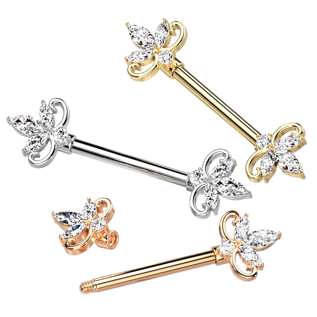 14 Gauge Triple Marquise Flower Barbell Nipple Ring