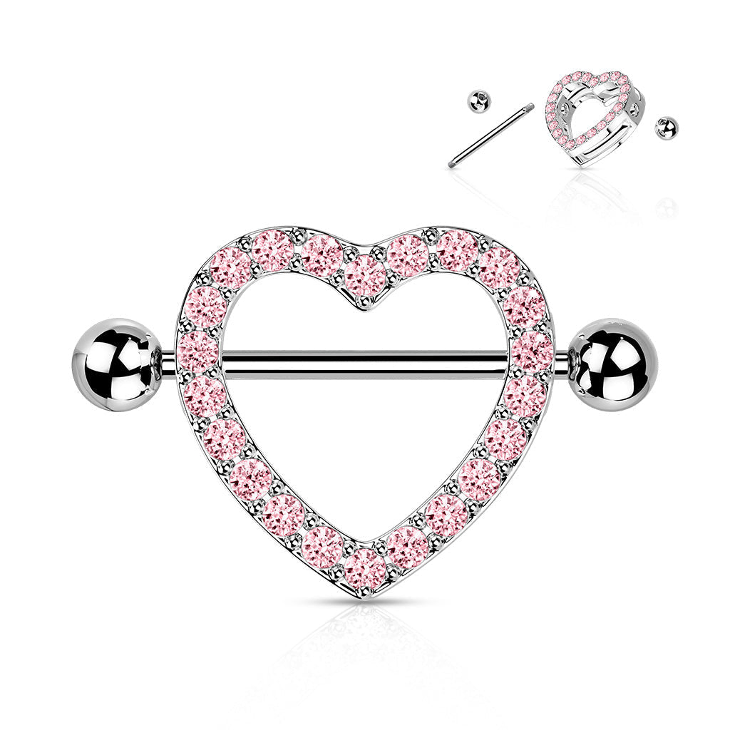 Crystal Heart Nipple Shield Barbell - Pink