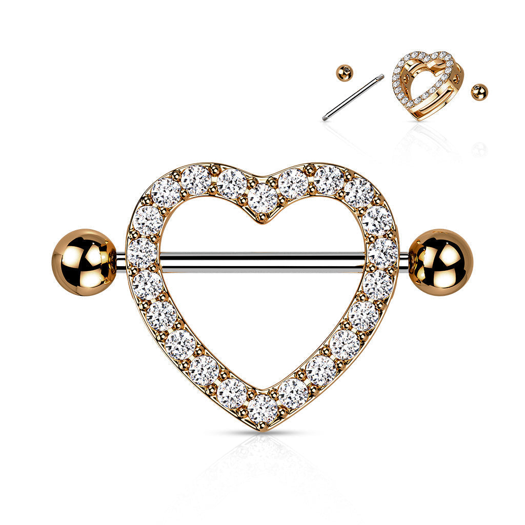 Crystal Heart Nipple Shield Barbell - Rose Gold