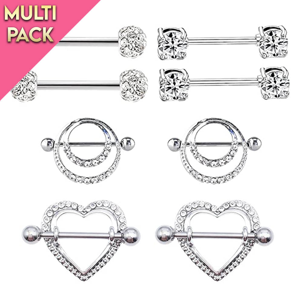 Limited Edition 8 Pack Crystal Bar + Shield Nipple Ring Set