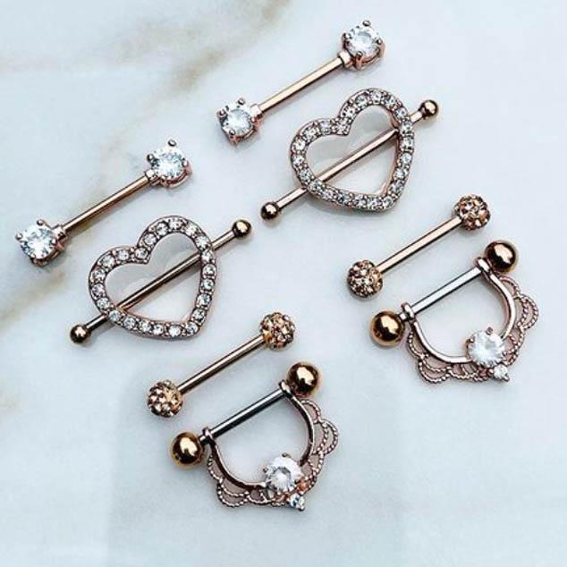 Limited Edition 8 Pack Crystal Heart Nipple Ring Set - Gold