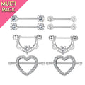 Limited Edition 8 Pack Crystal Heart Nipple Ring Set - Silver