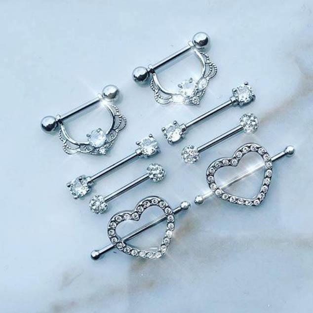 Limited Edition 8 Pack Crystal Heart Nipple Ring Set - Silver