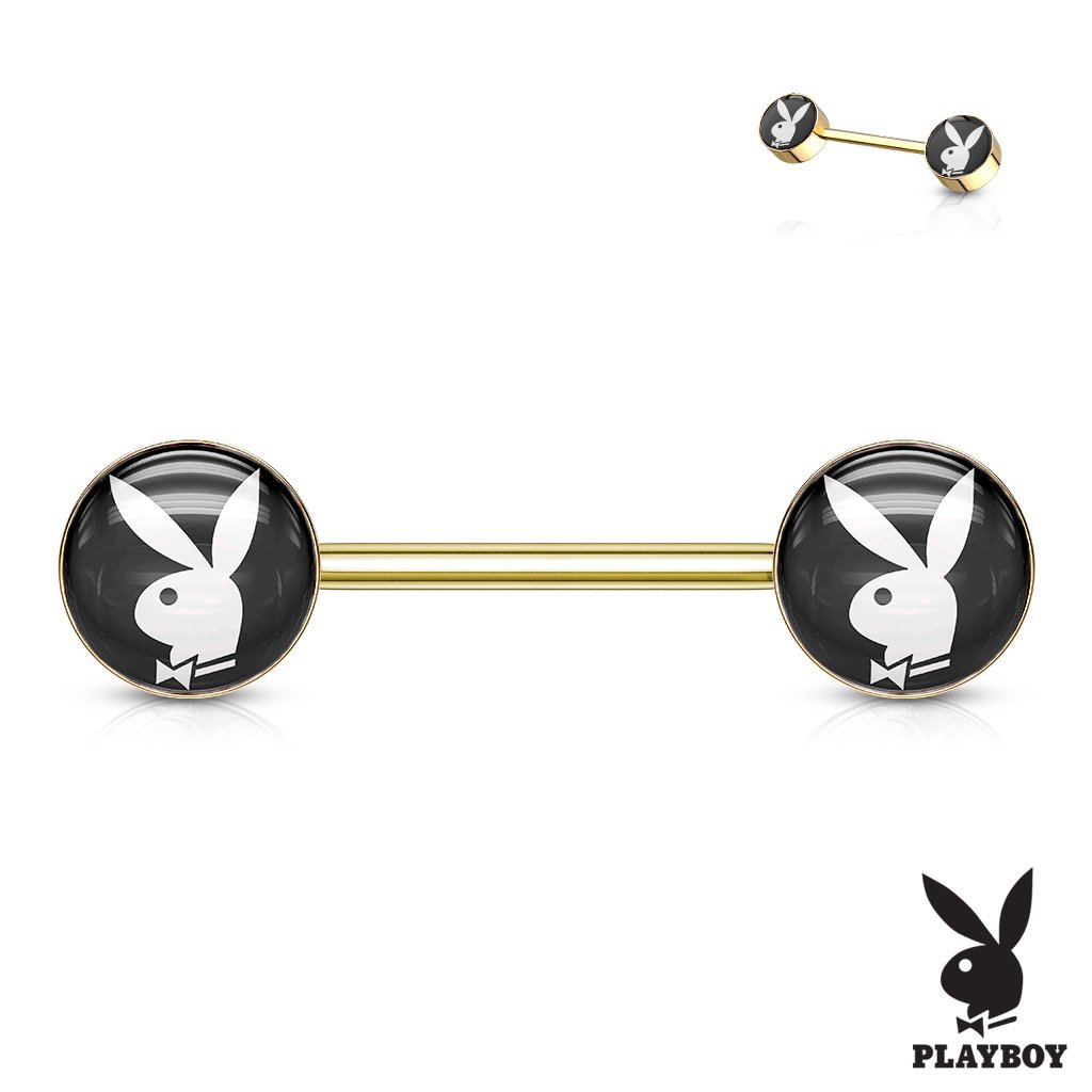 Official Playboy Bunny Inlaid Barbell Nipple Ring - Black