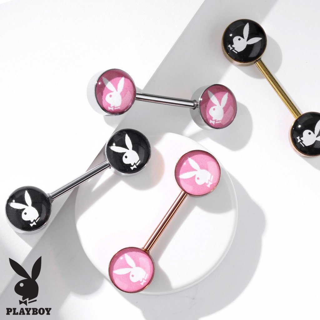 Official Playboy Bunny Inlaid Barbell Nipple Ring - Black