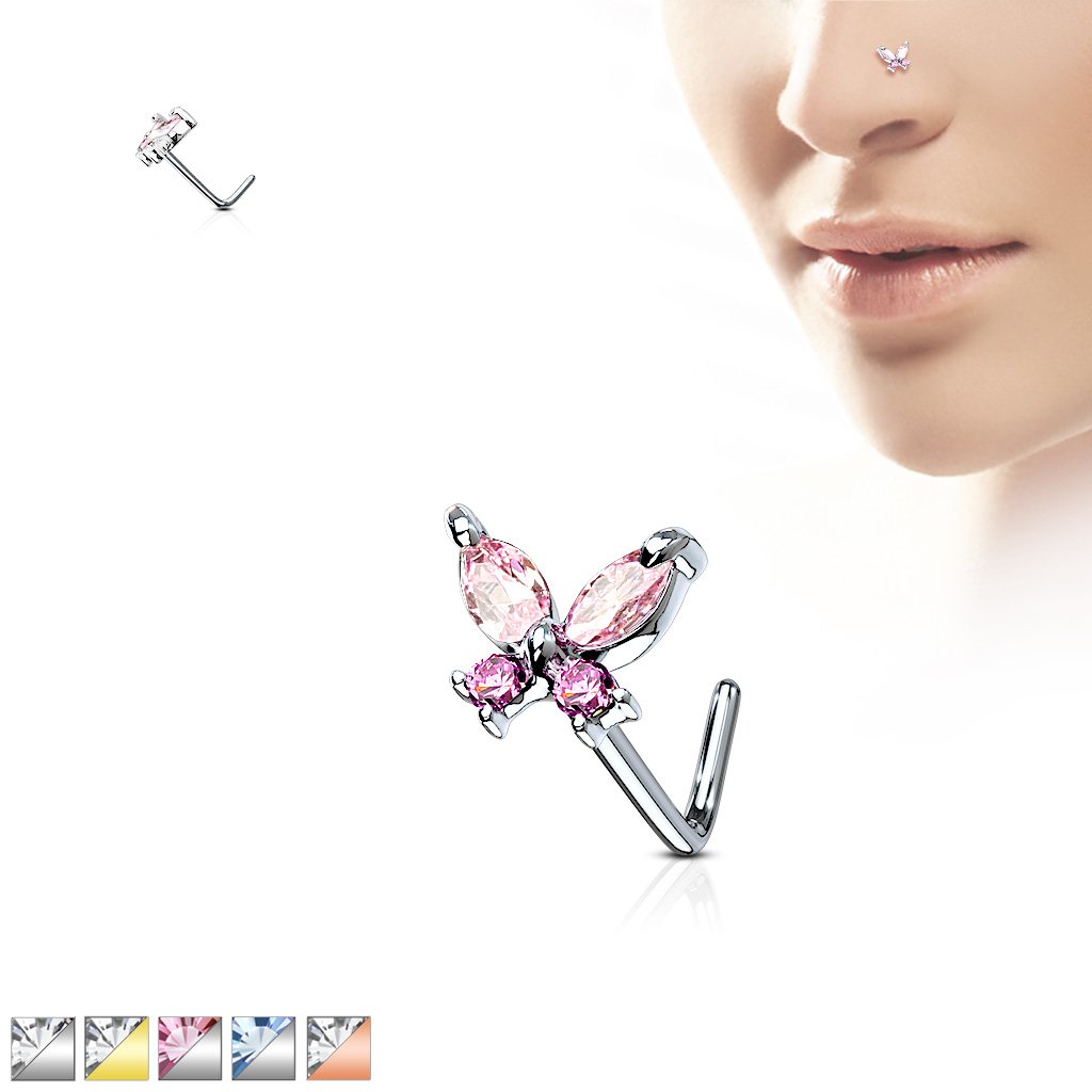20 Gauge Crystal Butterfly L Bend Nose Stud