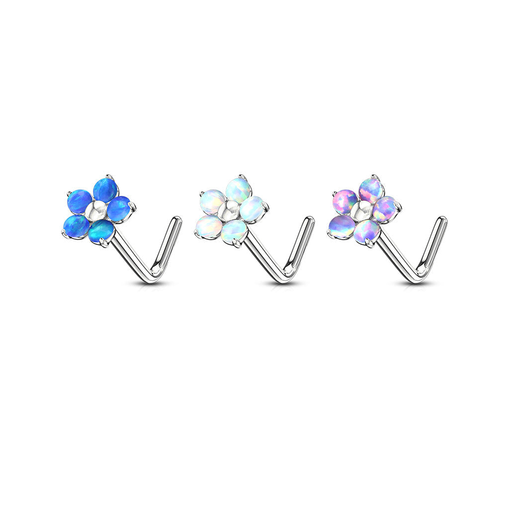 20 Gauge L - Bend Opal Flower Nose Stud