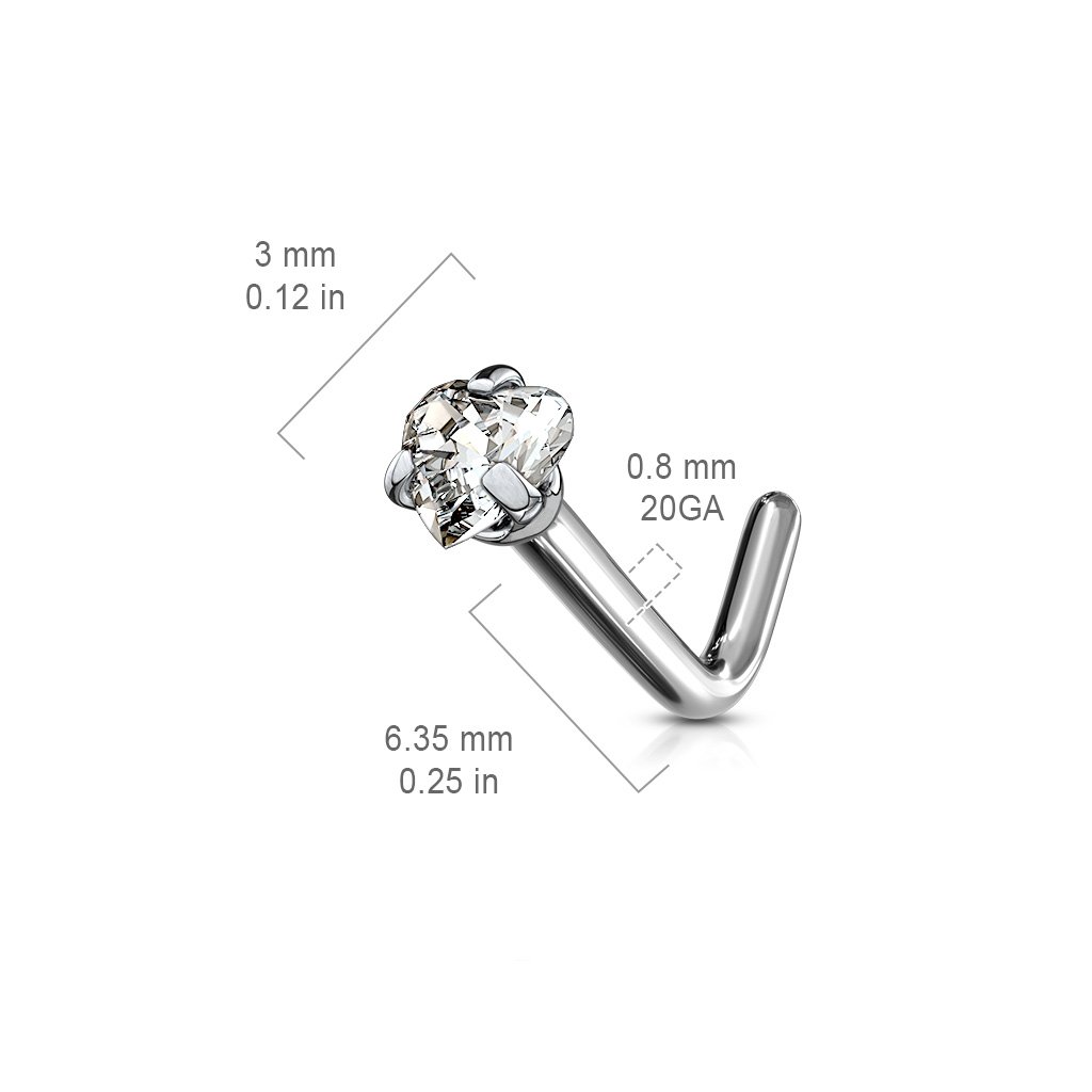 20 Gauge Titanium Prong Set Heart L Bend Nose Stud