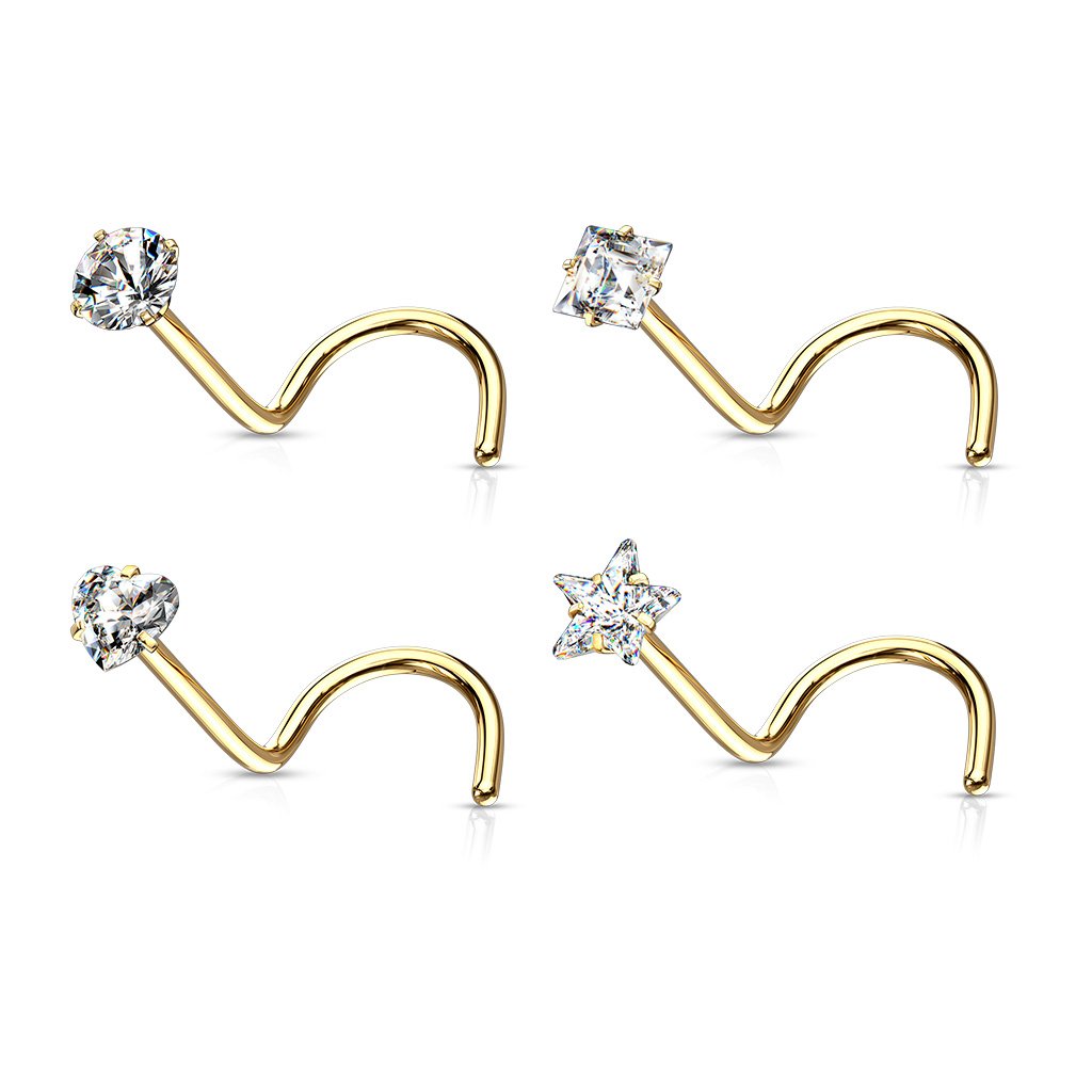 4 Pack Crystal Top Screw Ring Nose Studs - Gold