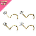 4 Pack Crystal Top Screw Ring Nose Studs - Gold