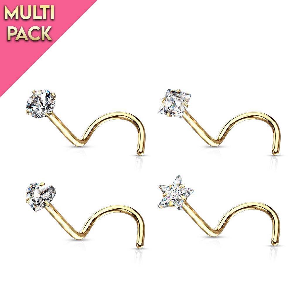 4 Pack Crystal Top Screw Ring Nose Studs - Gold