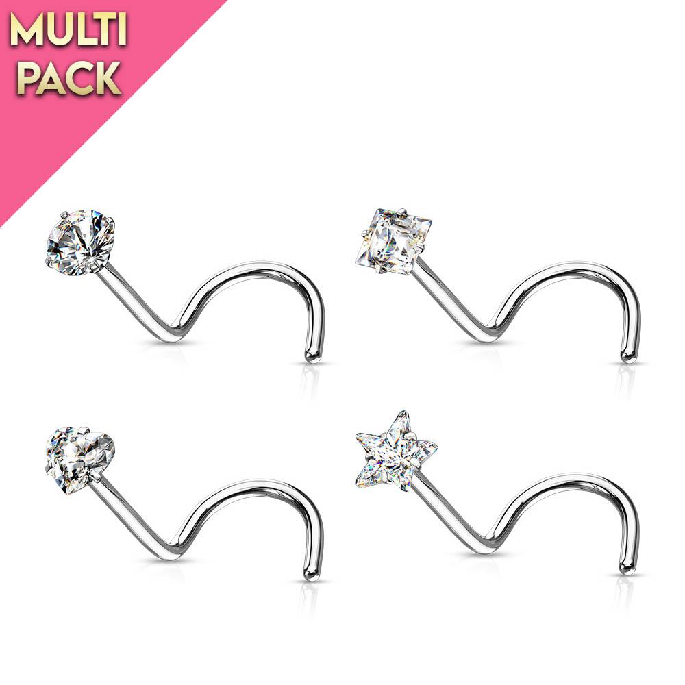4 Pack Crystal Top Screw Ring Nose Studs - Silver