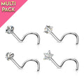 4 Pack Crystal Top Screw Ring Nose Studs - Silver