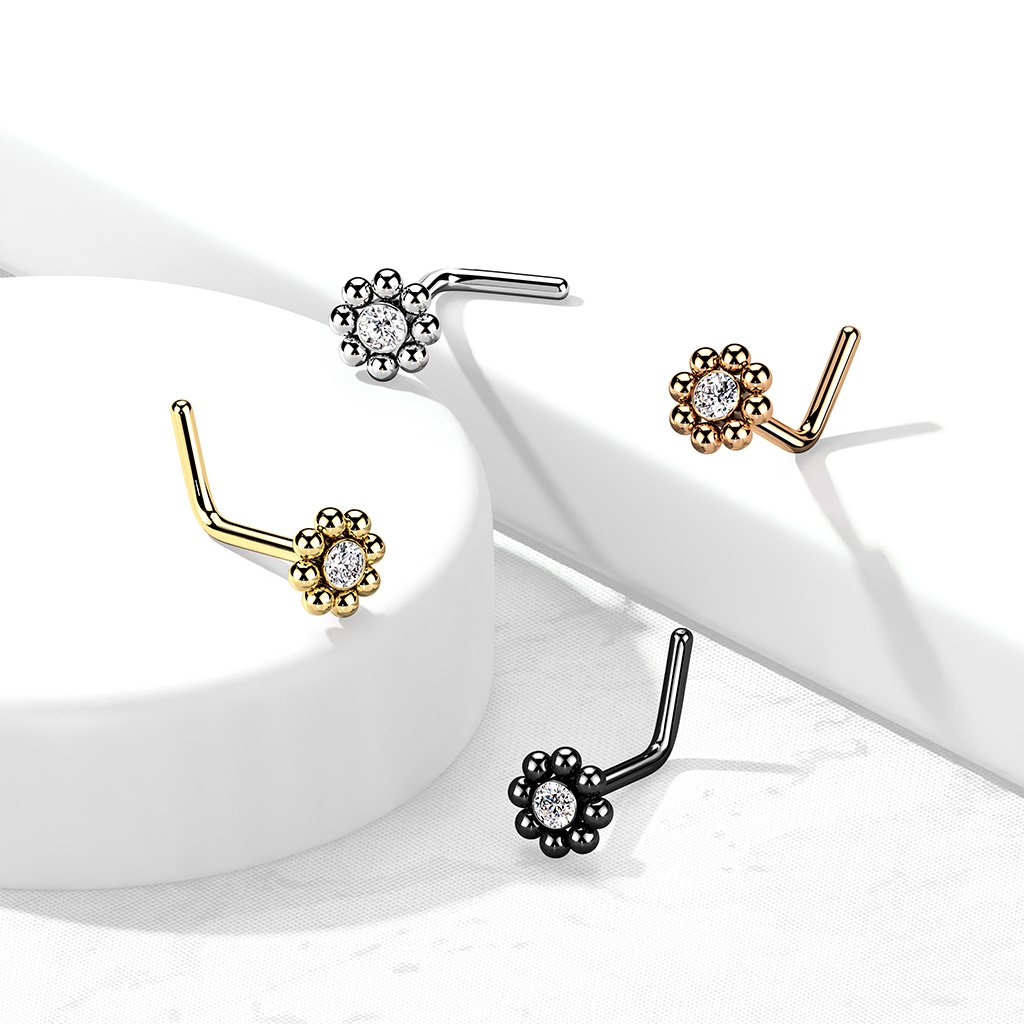 20 Gauge Ball Edge Crystal L Bend Nose Stud