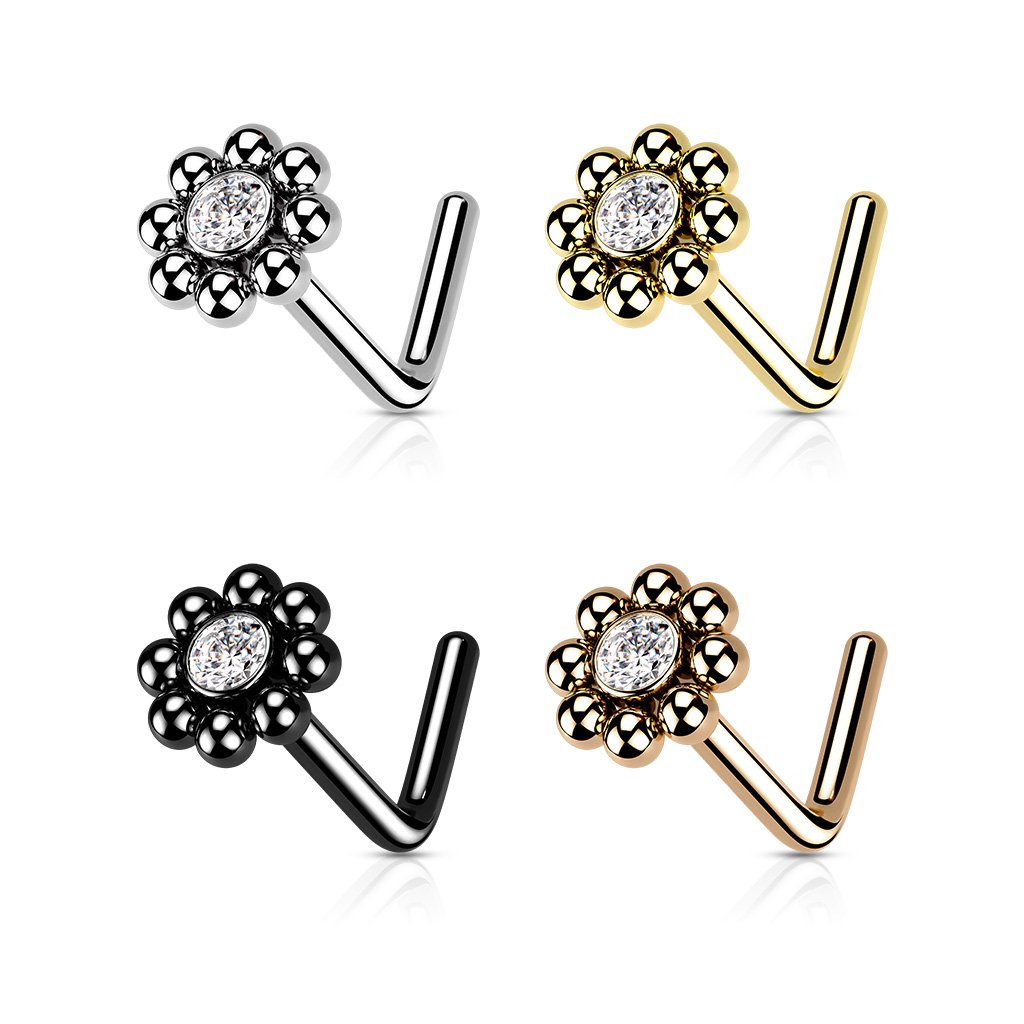 20 Gauge Ball Edge Crystal L Bend Nose Stud