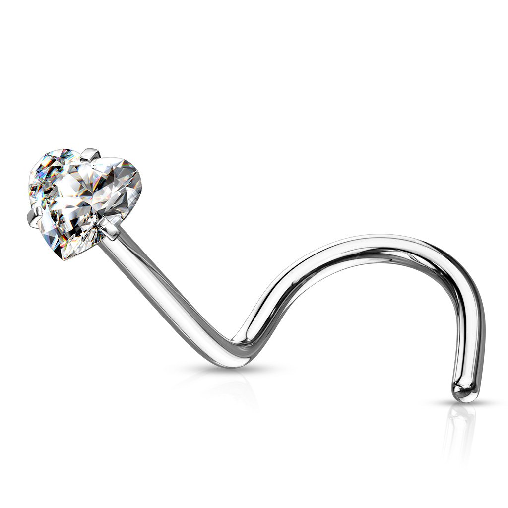 20 Gauge Prong Set Heart CZ Top Nose Screw Rings
