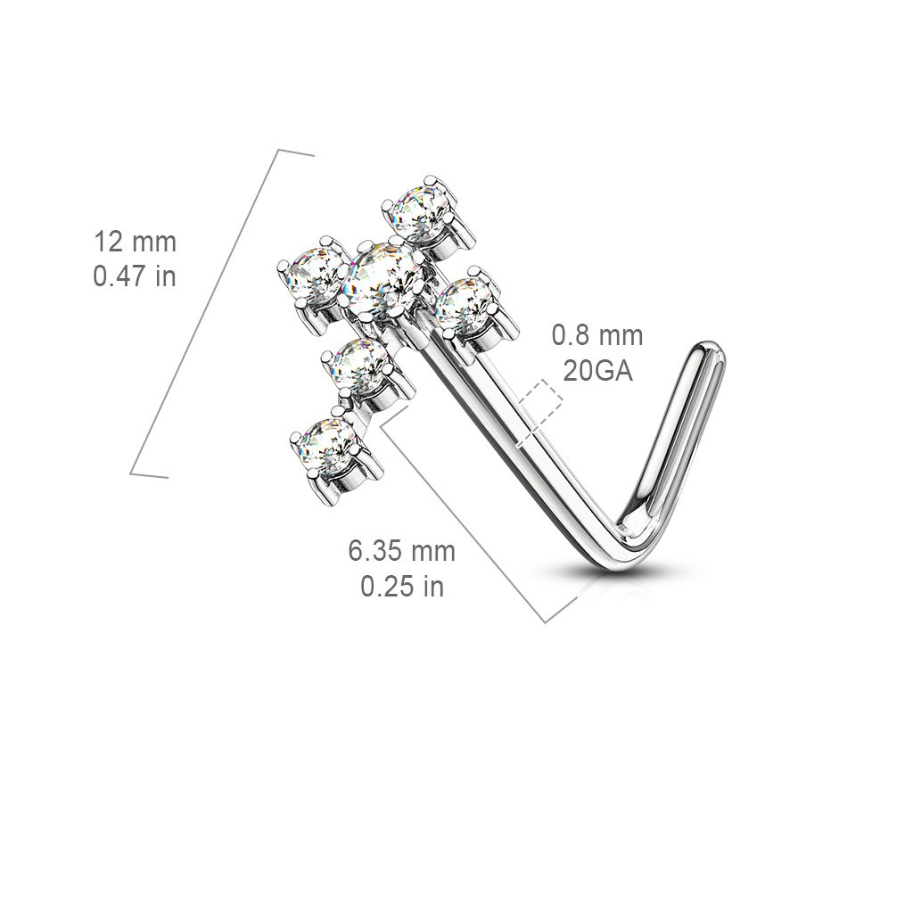 20 Gauge Crystal Cross L Bend Nose Stud