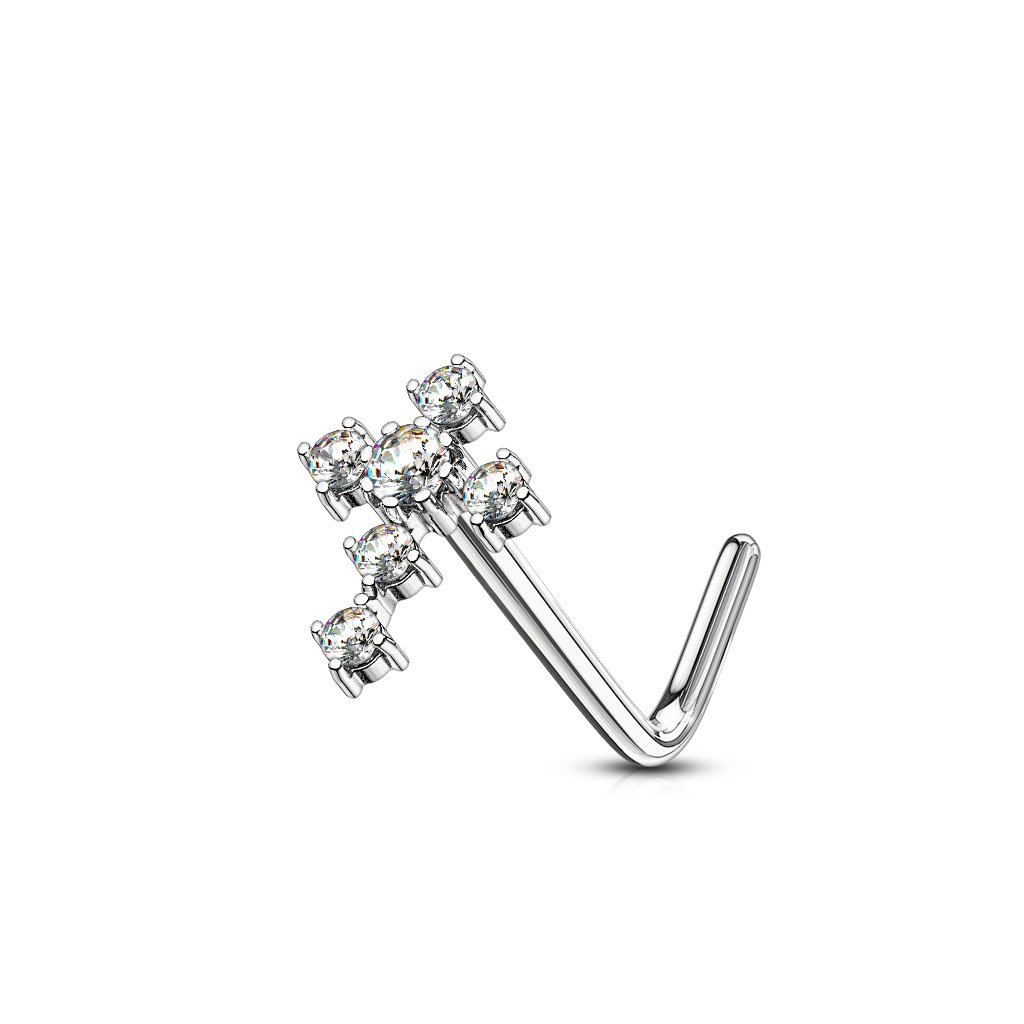 20 Gauge Crystal Cross L Bend Nose Stud