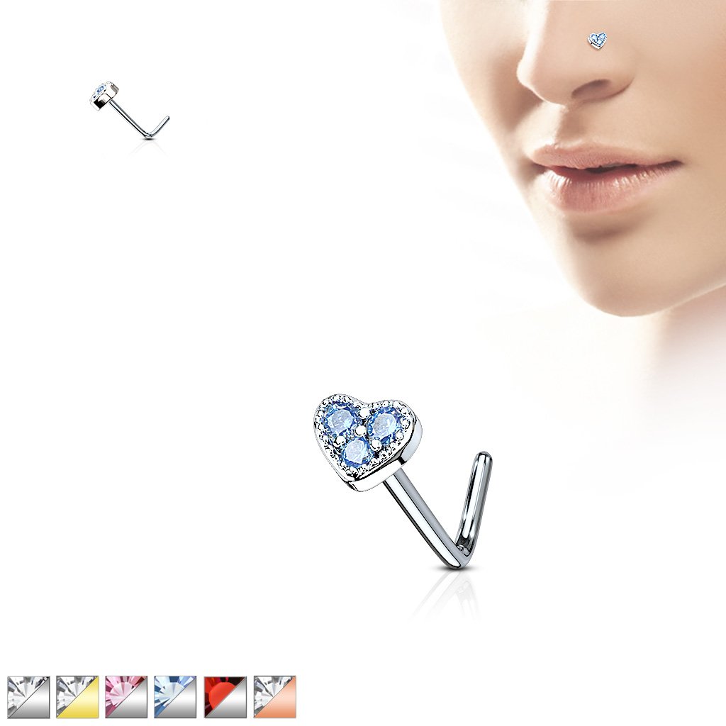 L Bend Crystal Heart Top Nose Stud