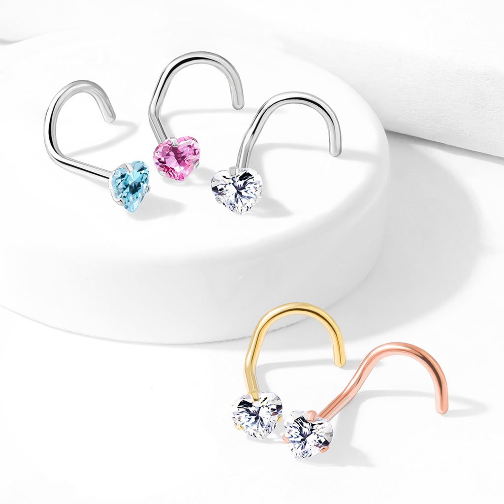 20 Gauge Prong Set Heart CZ Top Nose Screw Rings