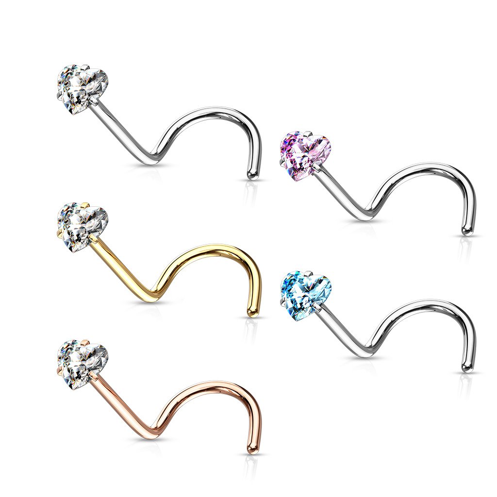 20 Gauge Prong Set Heart CZ Top Nose Screw Rings