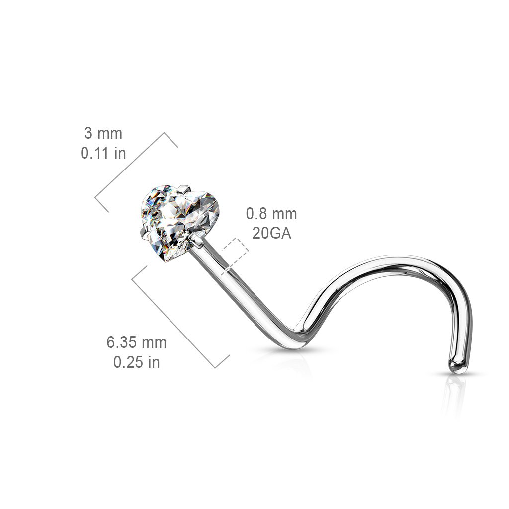 20 Gauge Prong Set Heart CZ Top Nose Screw Rings