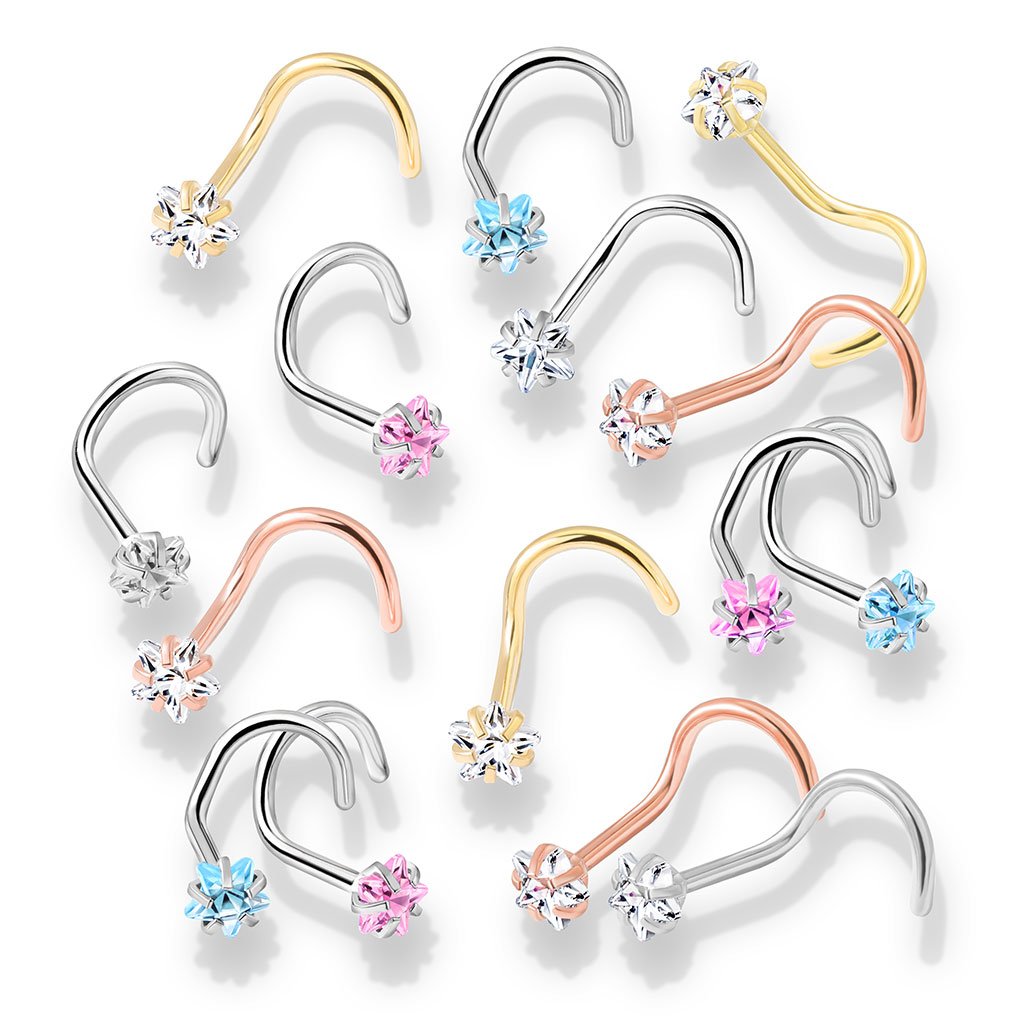 20 Gauge Prong Set Star CZ Top Nose Screw Rings
