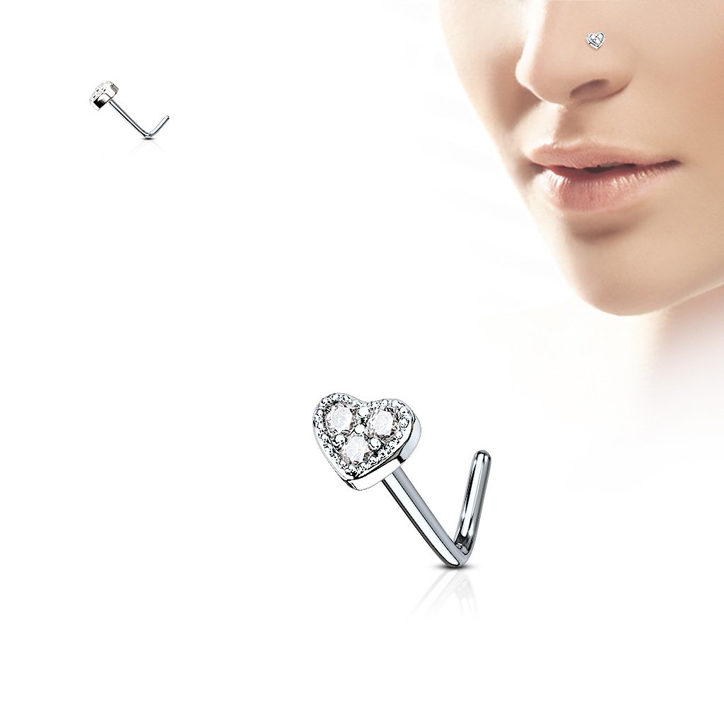 L Bend Crystal Heart Top Nose Stud