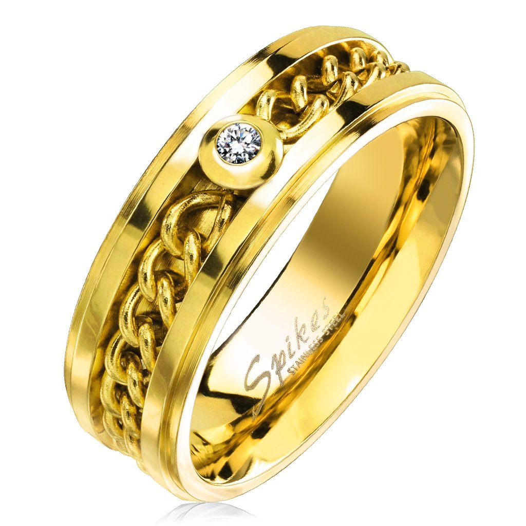 Gold Chain Inlay Stepped Edges Stainless Steel Ring