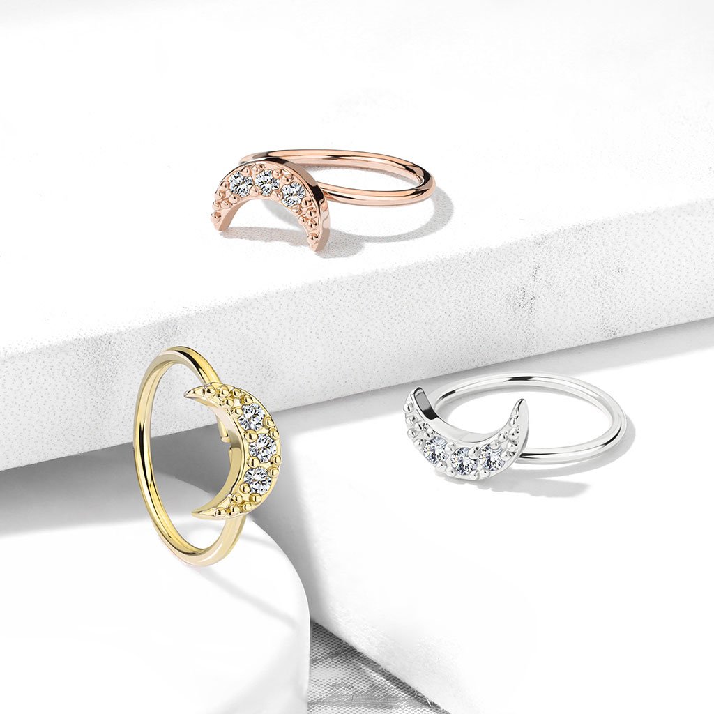20 Gauge Crystal Crescent Moon Hoop Ring For Nose / Ear