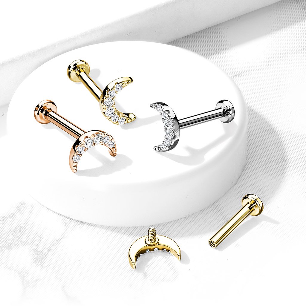 16 Gauge Internally Threaded Flat Back Crystal Moon Stud