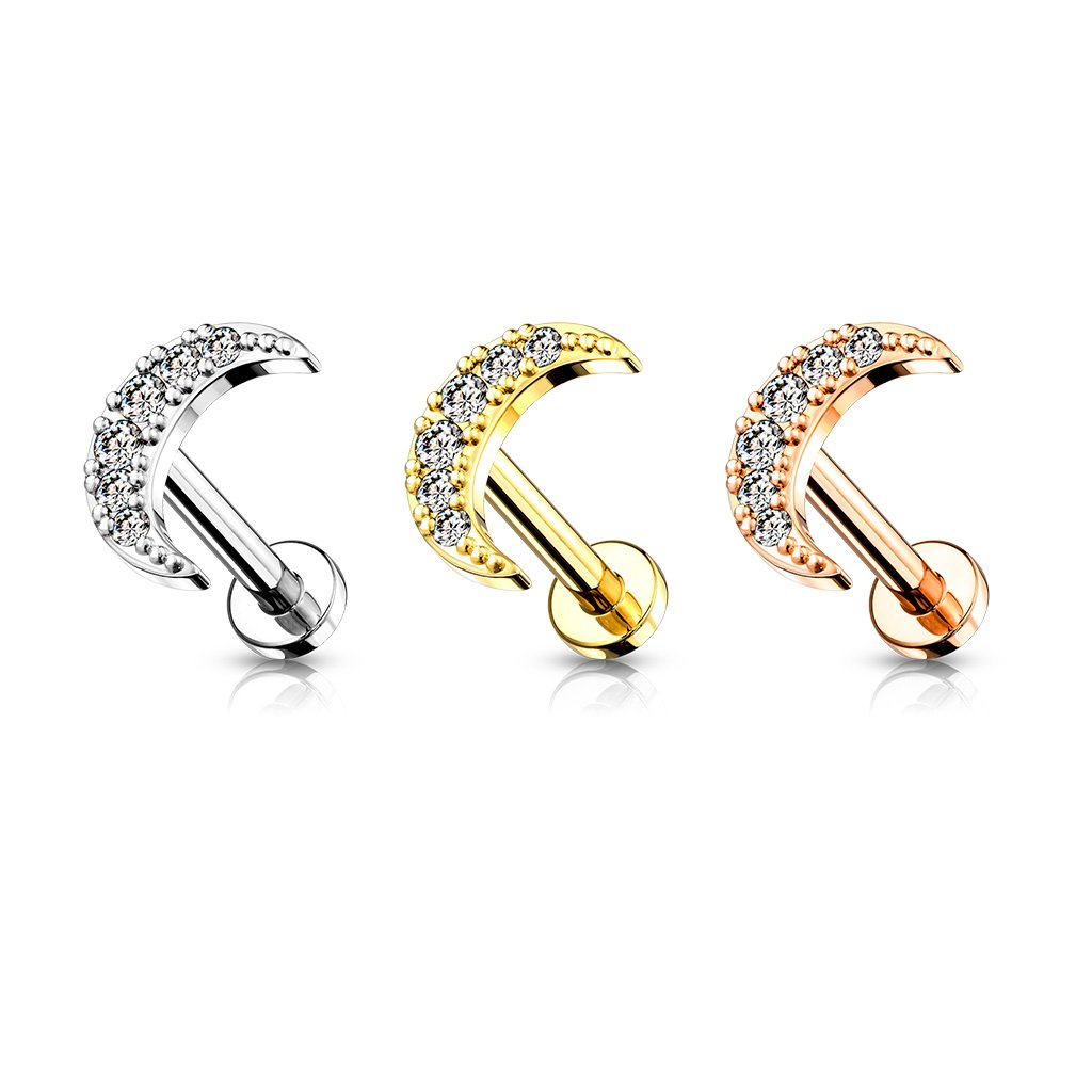 16 Gauge Internally Threaded Flat Back Crystal Moon Stud