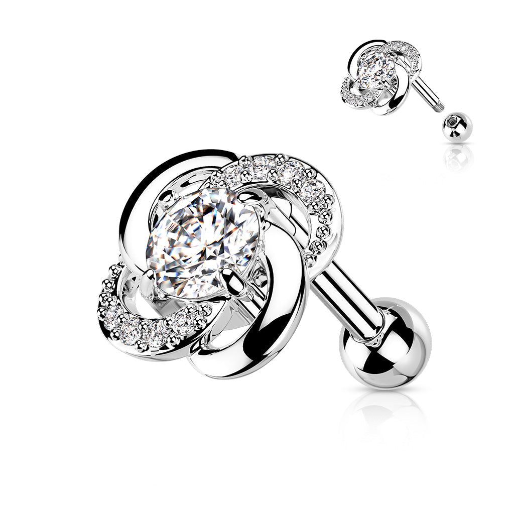 16 Gauge Crystal Paved Silver Flower Cartilage / Tragus Stud