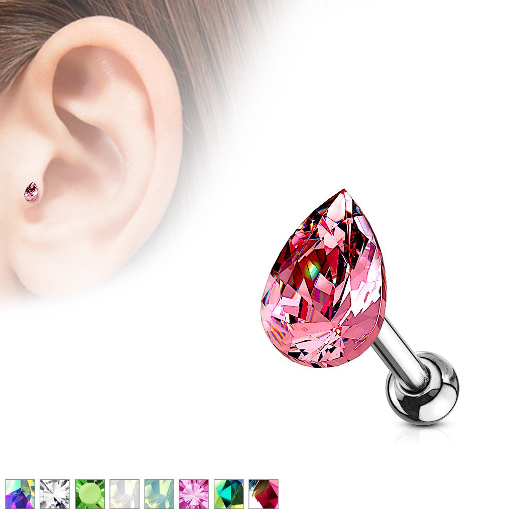 16 Gauge Crystal Teardrop Cartilage / Tragus Barbell Stud