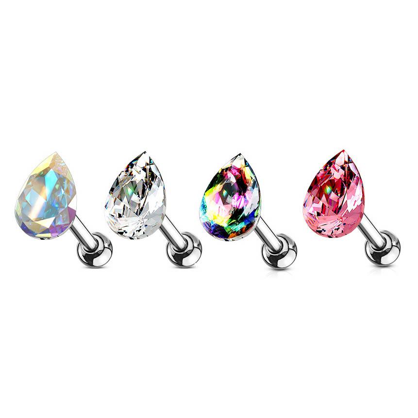 16 Gauge Crystal Teardrop Cartilage / Tragus Barbell Stud