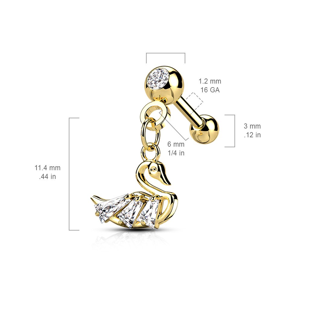 16 Gauge Dangling Swan Cartilage / Tragus Stud Silver