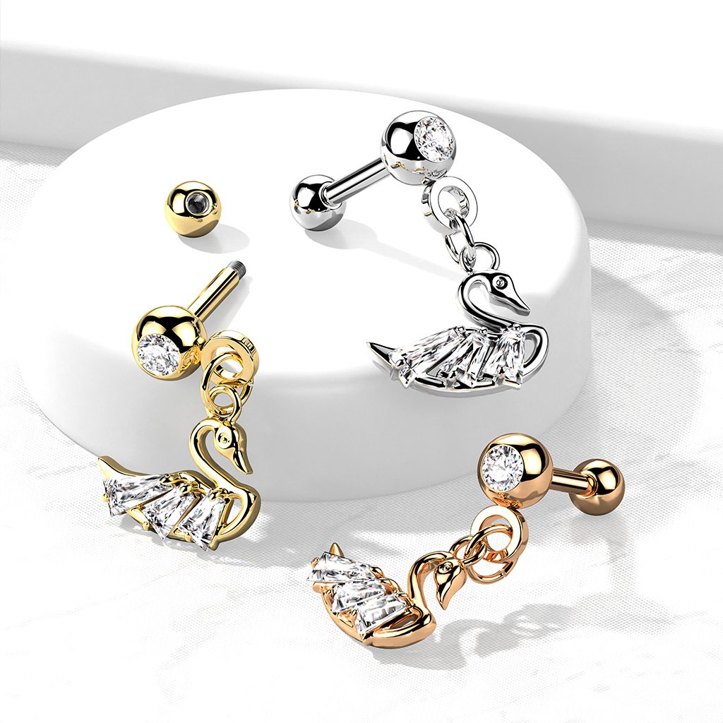 16 Gauge Dangling Swan Cartilage / Tragus Stud Silver