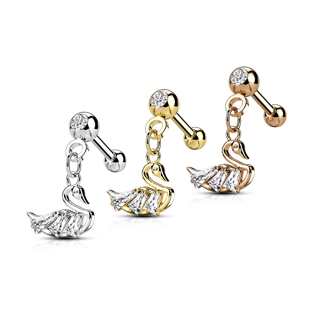 16 Gauge Dangling Swan Cartilage / Tragus Stud Silver
