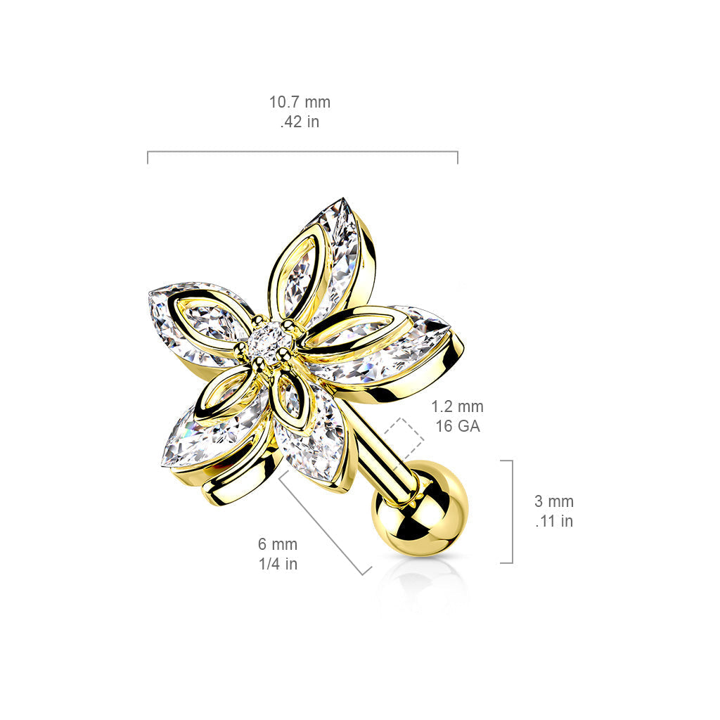 16 Gauge Five Petal Crystal  Marquise Flower Cartilage / Tragus Stud