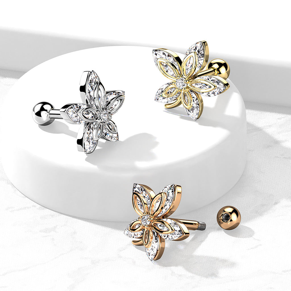 16 Gauge Five Petal Crystal  Marquise Flower Cartilage / Tragus Stud