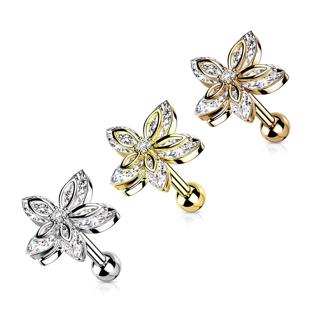 16 Gauge Five Petal Crystal  Marquise Flower Cartilage / Tragus Stud