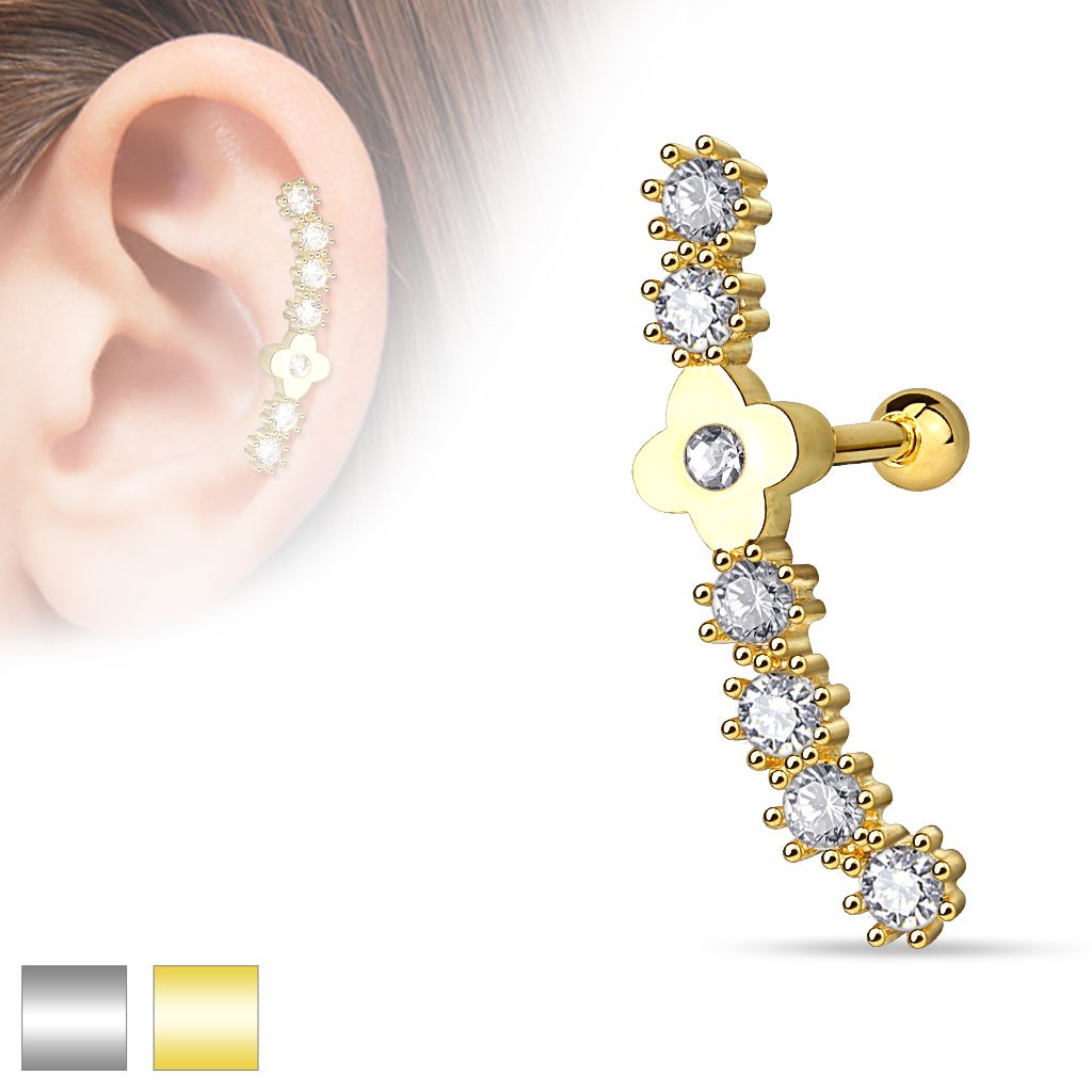 16 Gauge Flower Lined Crystal Cartilage/Tragus Barbell Stud