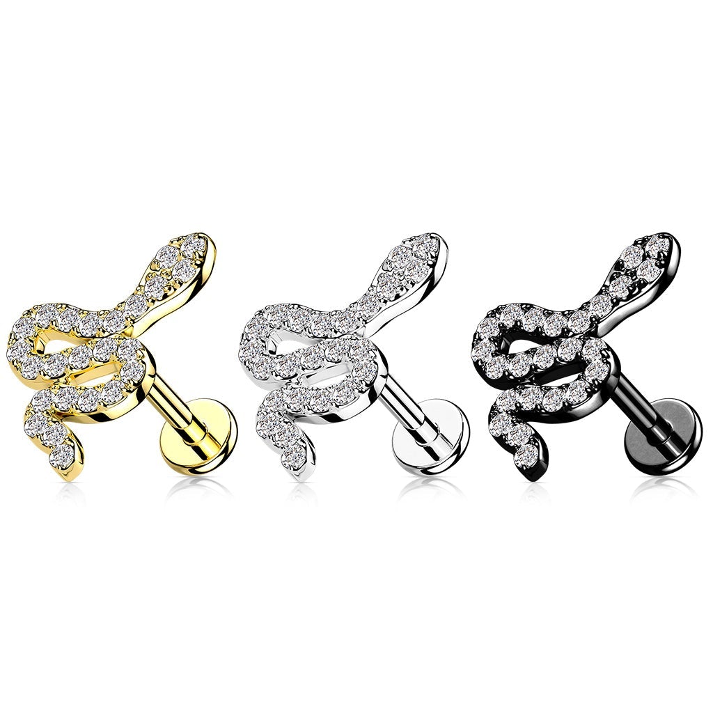 16 Gauge Internally Threaded Crystal Snake Cartilage / Tragus Stud