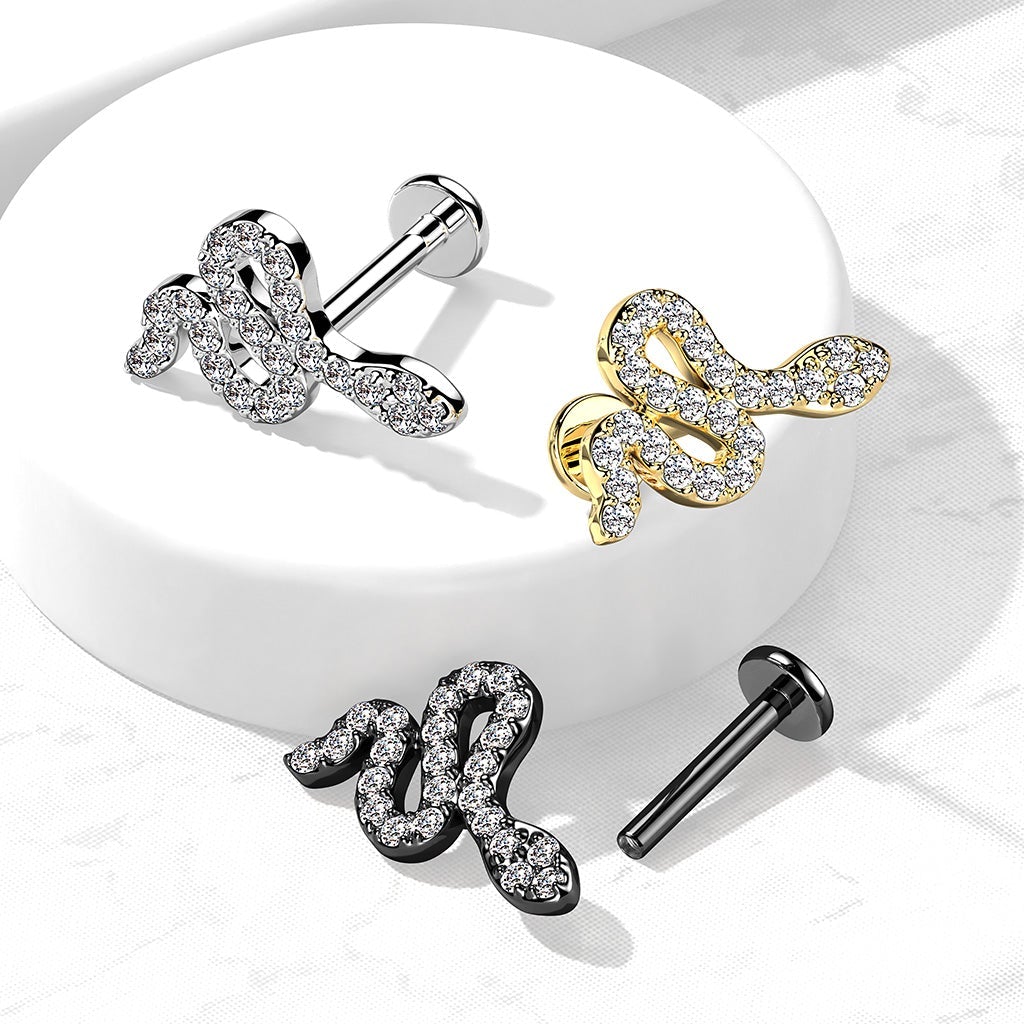 16 Gauge Internally Threaded Crystal Snake Cartilage / Tragus Stud