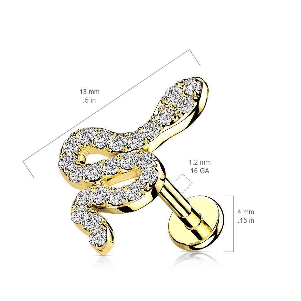 16 Gauge Internally Threaded Crystal Snake Cartilage / Tragus Stud