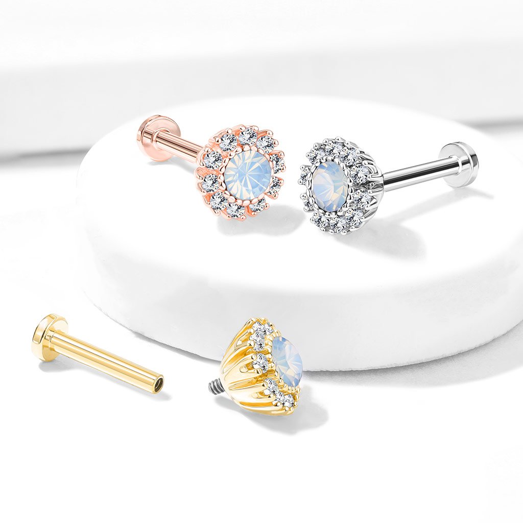 16 Gauge Internally Threaded Flat Back Opal Flower Stud