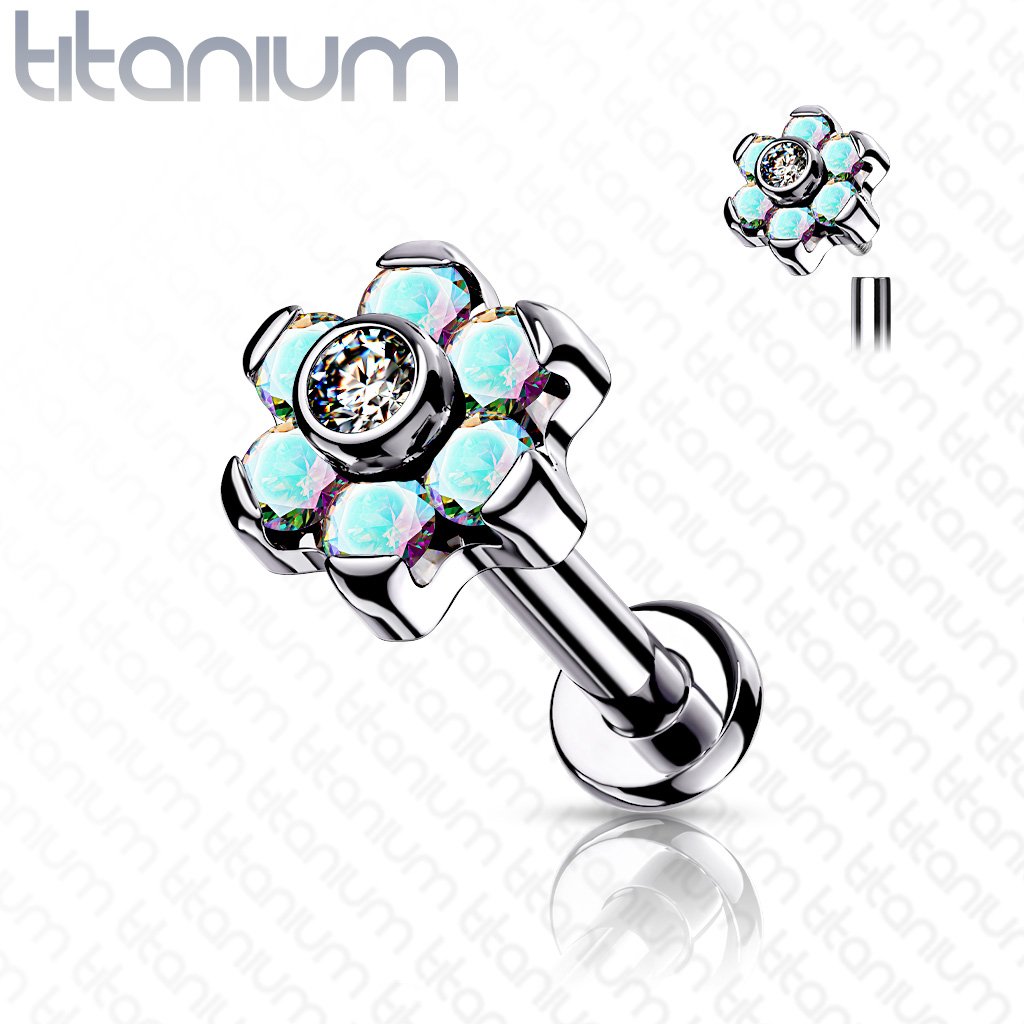 16 Gauge Titanium Internally Threaded Crystal Flower Stud